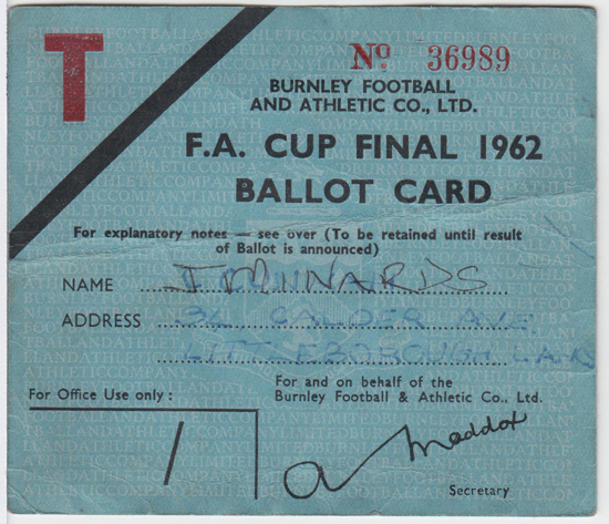 imageBurnley Burnley FC 1962 FA Cup Final Ballot Card